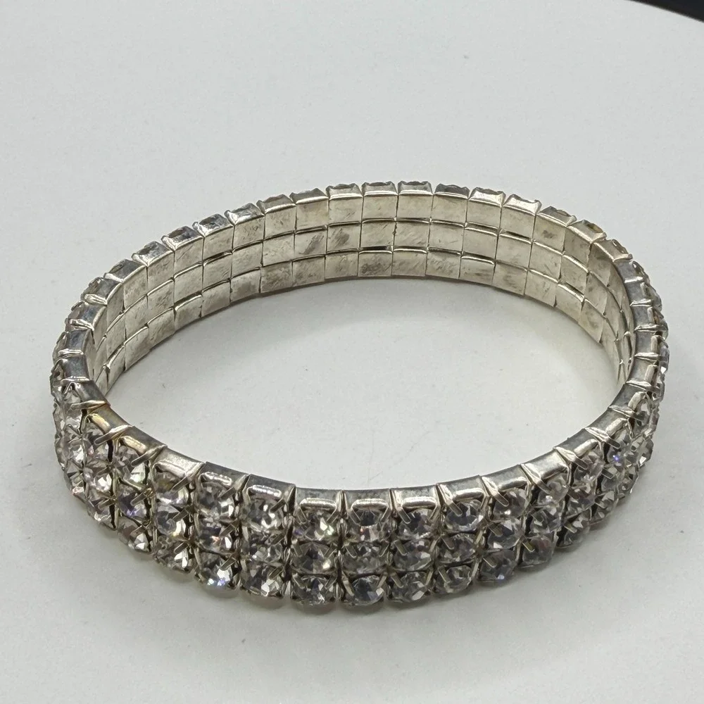 3 Row Clear Rhinestone Stretch Bracelet Silver Tone Sparkle Statement Jewelry